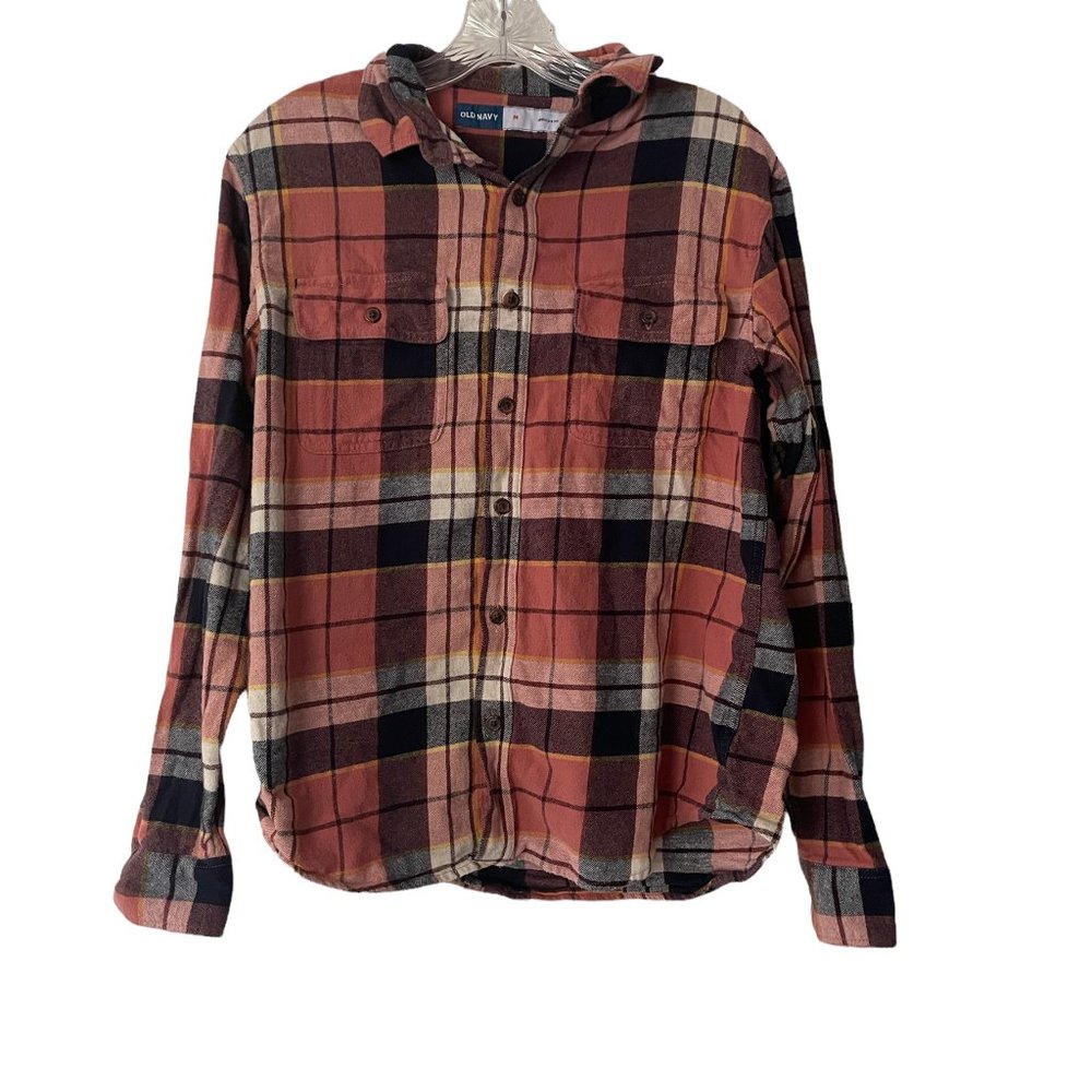 Old Navy Women Button Down Size M Plaid Pink Blue Collared Long Sleeve B1207